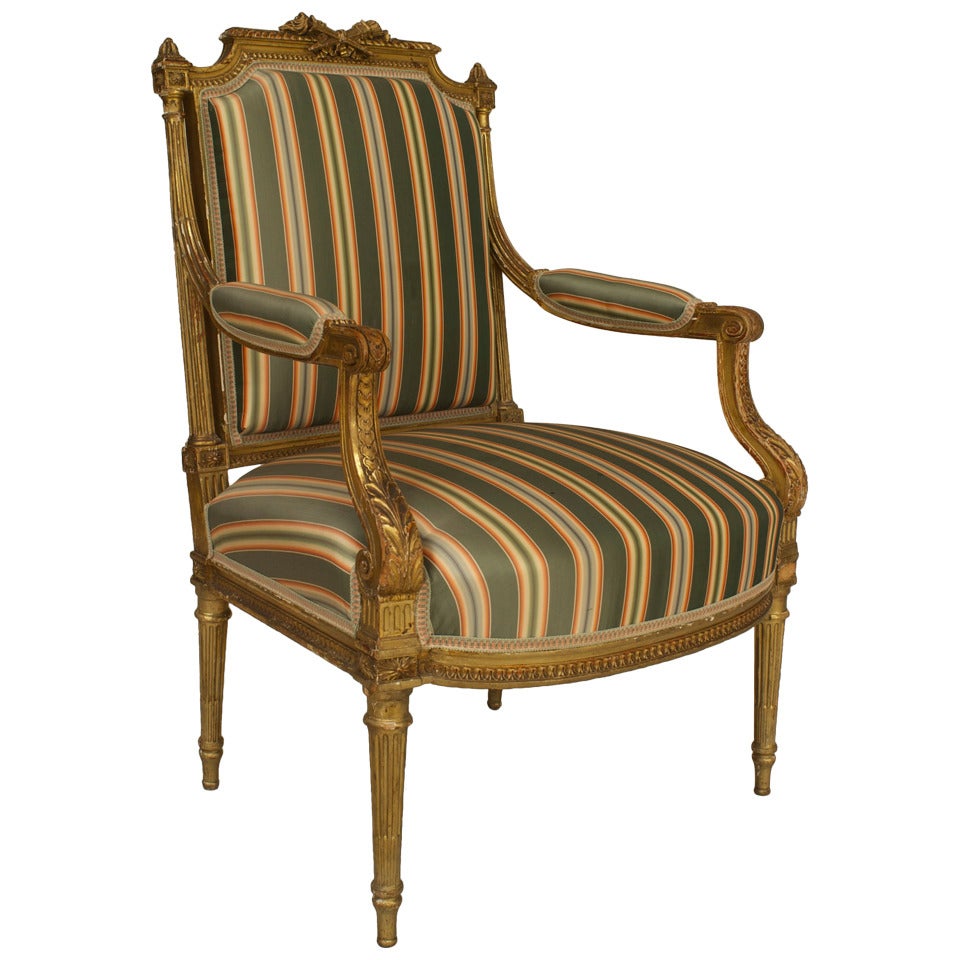 French Louis XVI Gilt Arm Chair For Sale