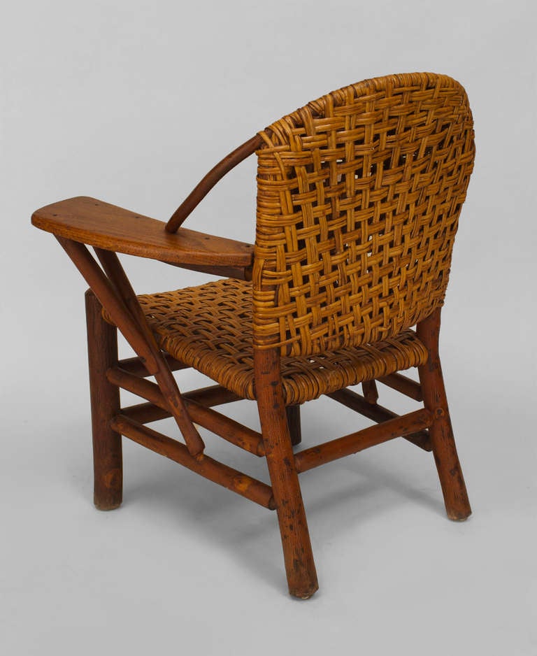 American Old Hickory Woven Armchair with Paddle Armrests