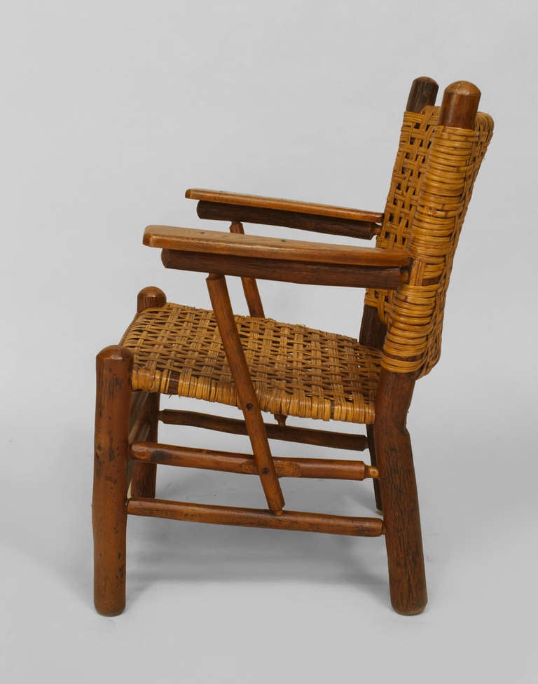 Rustic Old Hickory Woven Armchair with Paddle Armrests