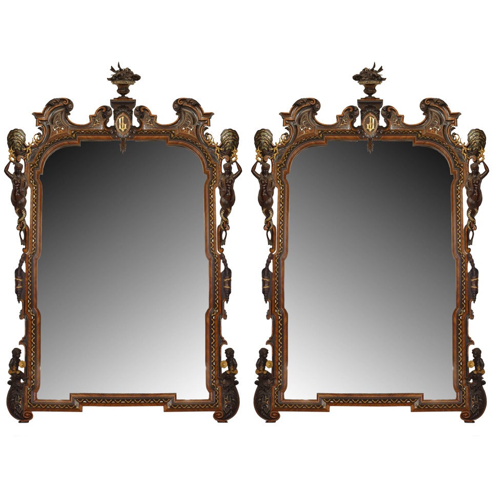 Pair of Italian Rococo Revival Carved Rosewood Wall Mirrors "Manner of Gotti"