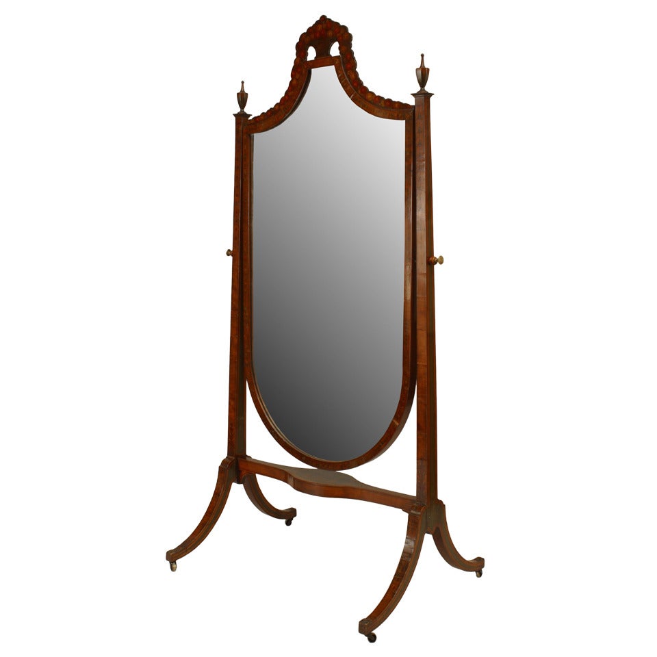 English Sheraton Style Satinwood Cheval Mirror For Sale