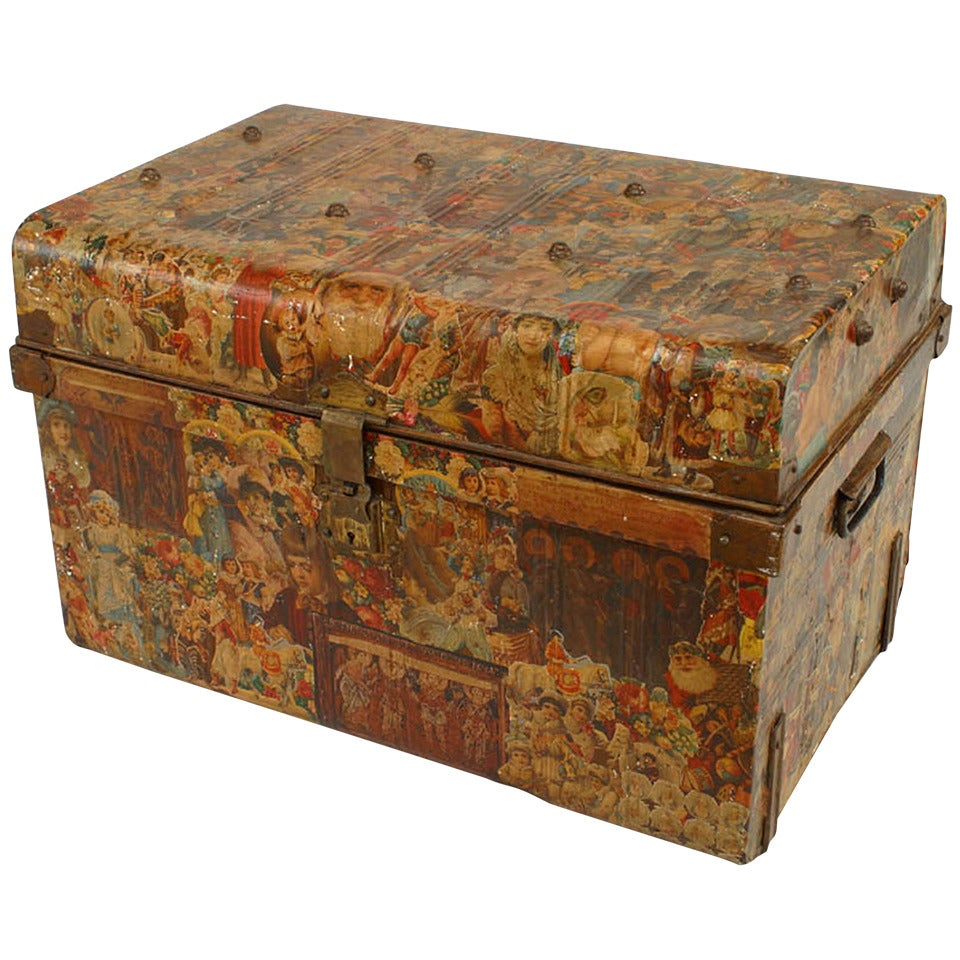 English Victorian Decoupage Tole Trunk For Sale