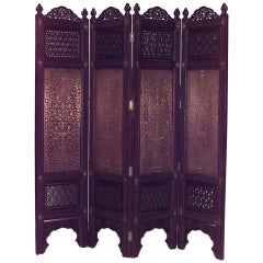19th c. Middle Eastern Filigreed Teak and Brass Folding Screen