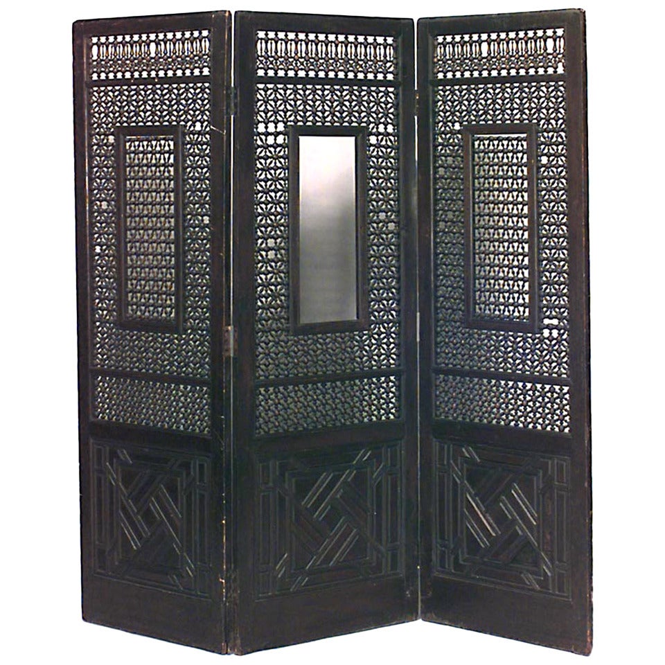 19th c. Middle Eastern Carved Teak Folding Screen For Sale