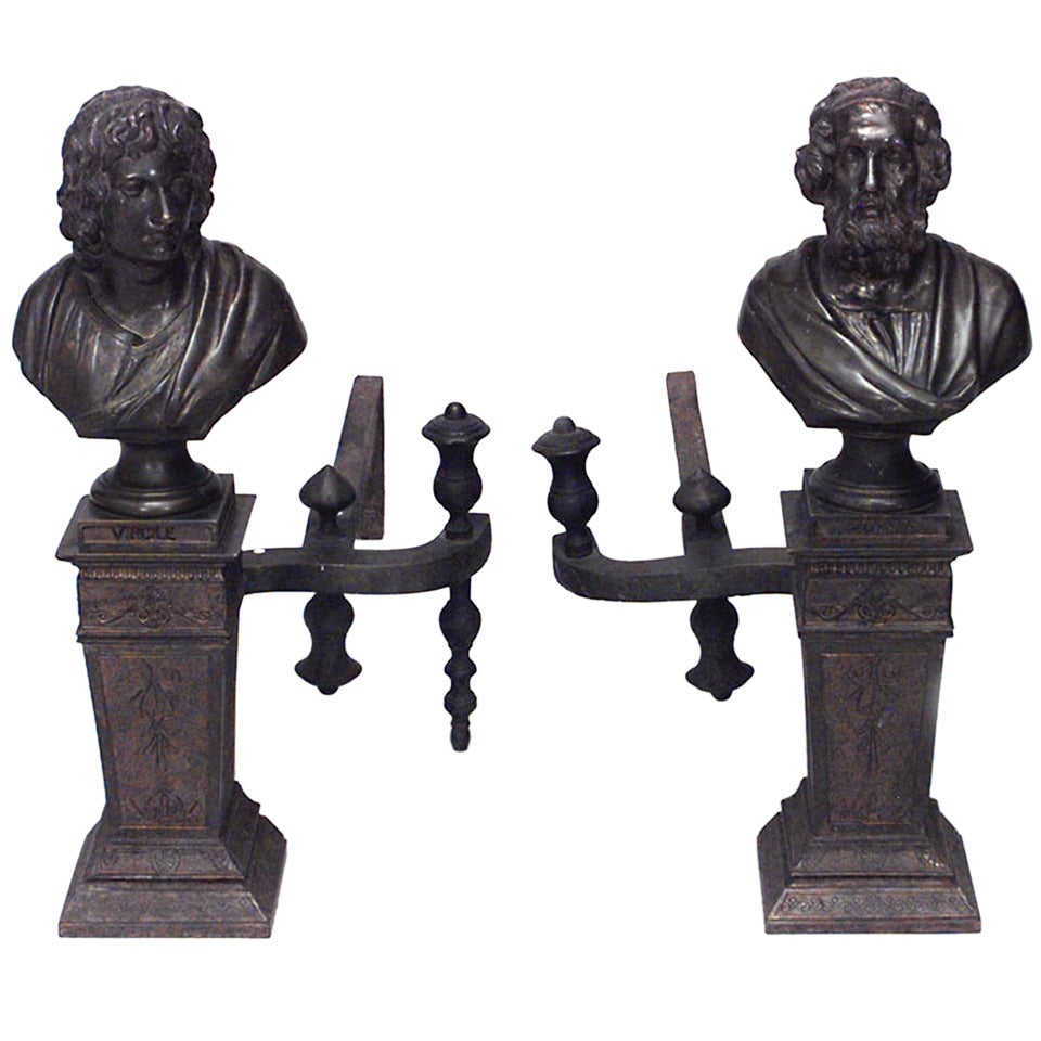 Pair of Neo-Classic Homer and Virgil Andirons For Sale