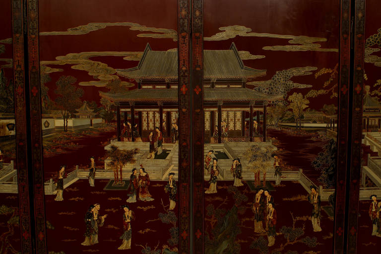Chinese Export Chinese Quing Dynasty Red Lacquered 4-Fold Screen For Sale