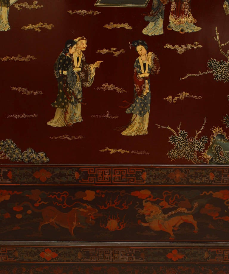 Chinese Quing Dynasty Red Lacquered 4-Fold Screen For Sale 3