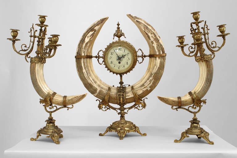 French Gilt Bronze and Bone Clock and Candelabra, c. 1860