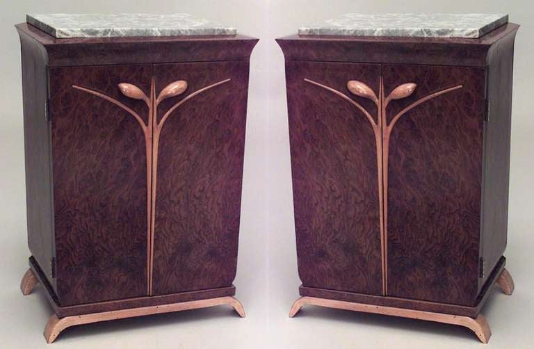 Pair of French Art Deco burl walnut bedside commodes with maple trim and grey marble tops (PRICED AS Pair)
