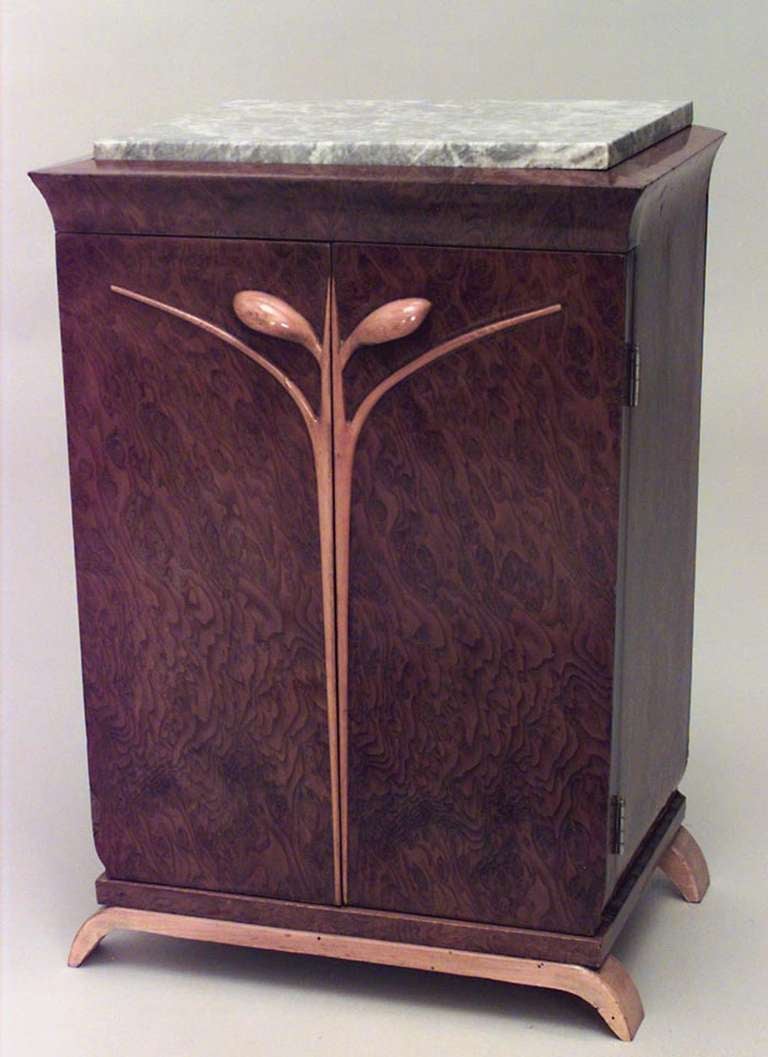 Mid-20th Century Pair of French Art Deco Burl Walnut and Marble Bedside Commodes For Sale