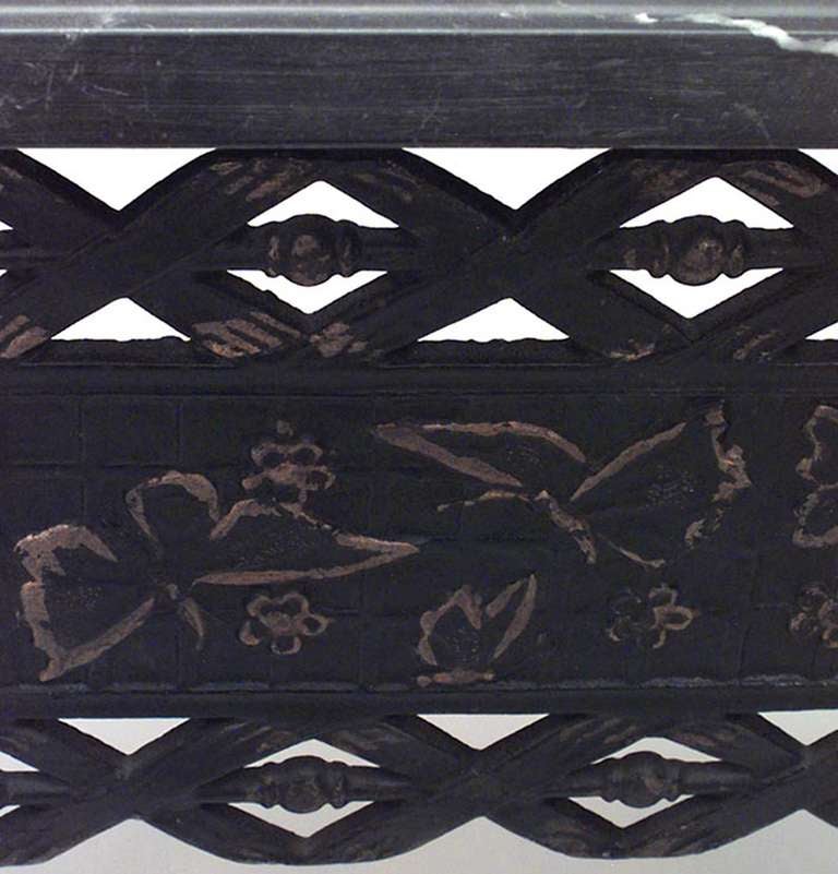 Asian Indian style (19th Century) square black and gold decorated iron center table with filigree apron of butterfly design on elephant head legs. With shaped and ebonized top.
