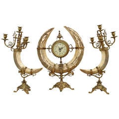 Antique French Gilt Bronze and Bone Clock and Candelabra, c. 1860