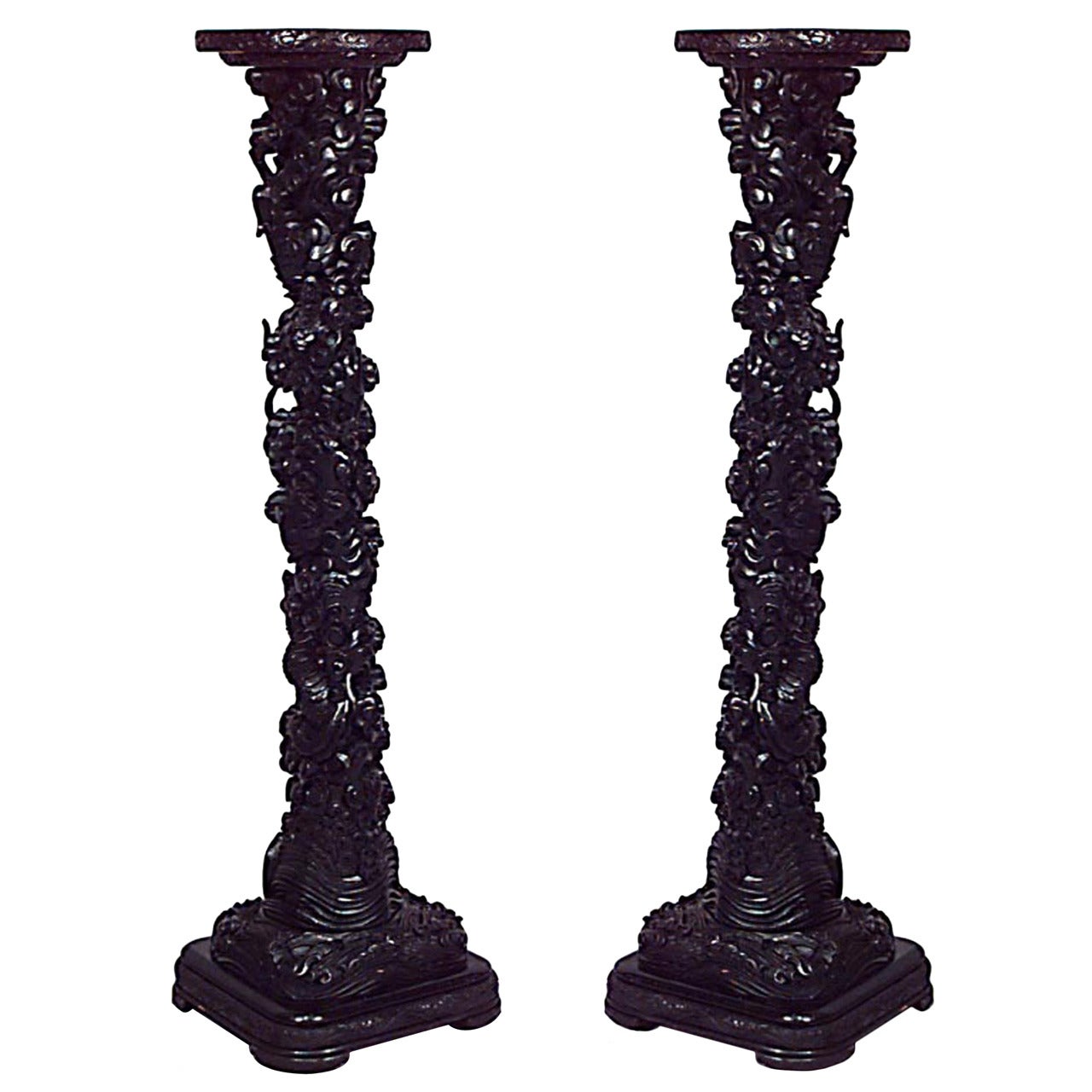 Pair of Chinese Ebonized Carved Scrolls For Sale