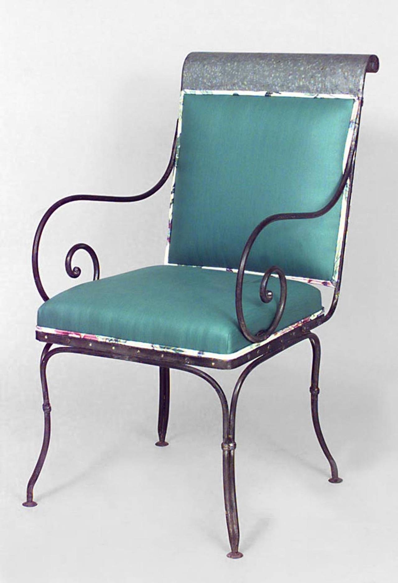 Pair of 20th c. French Upholstered Steel Outdoor Armchairs In Good Condition In New York, NY