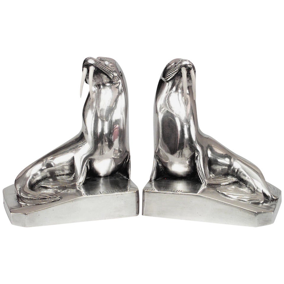Pair of French Art Deco bronze silver plate bookends with walrus (signed G. H. LAURENT) (PRICED AS Pair)
