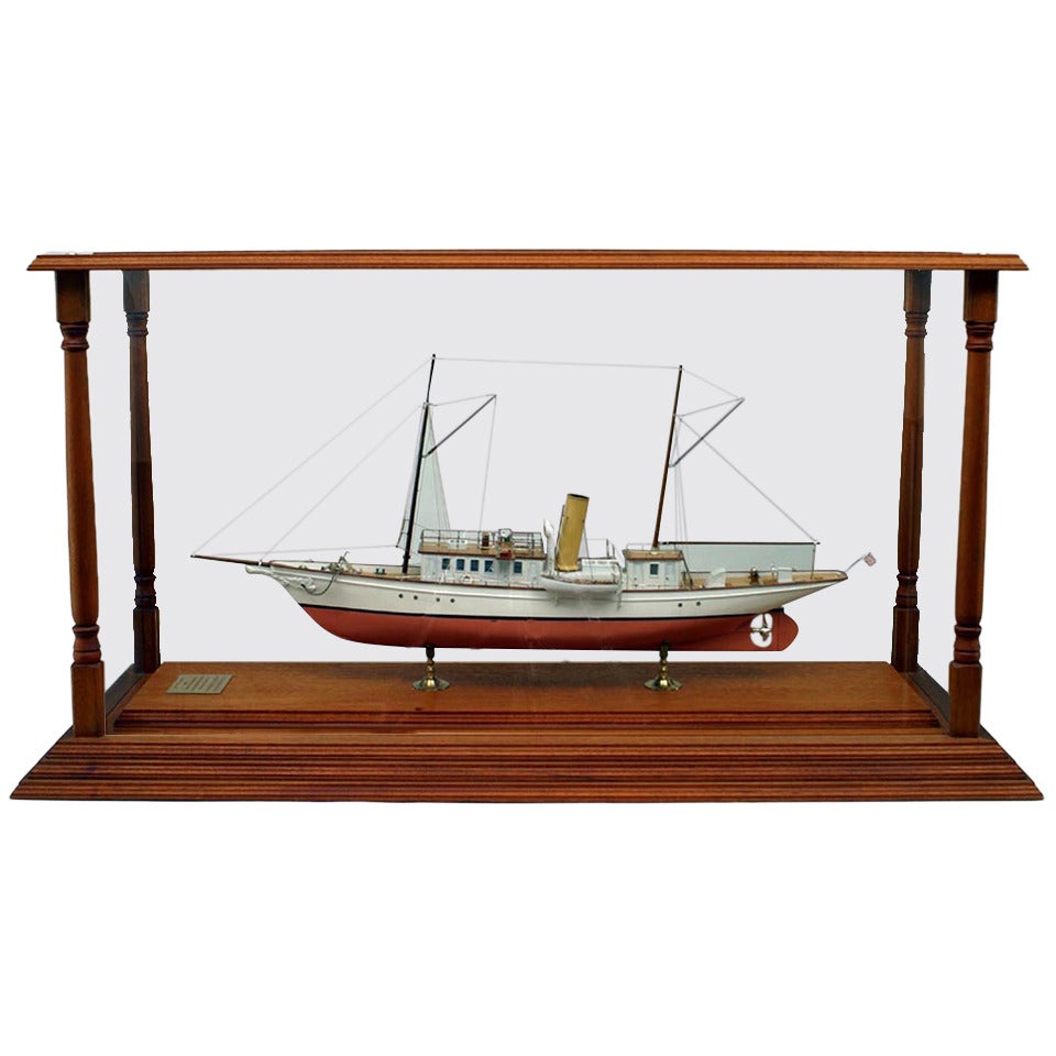 English Victorian ship model of pink and white decorated schooner ship in mahogany trimmed case (LADY OF TORFRIDA, 1888)
