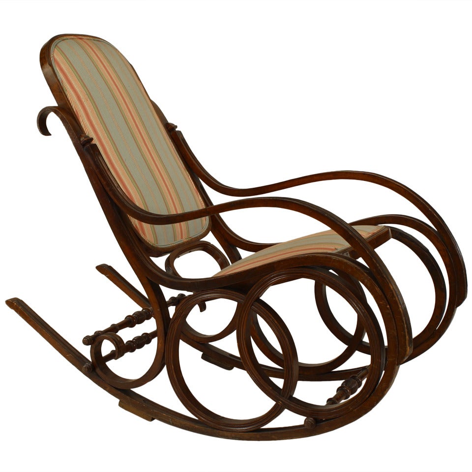 Bentwood double circle design rocking chair with striped upholstery (19th Cent.)
