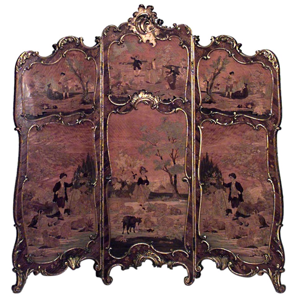 French Louis XV Style 3-Fold Screen with Inlaid Panels For Sale