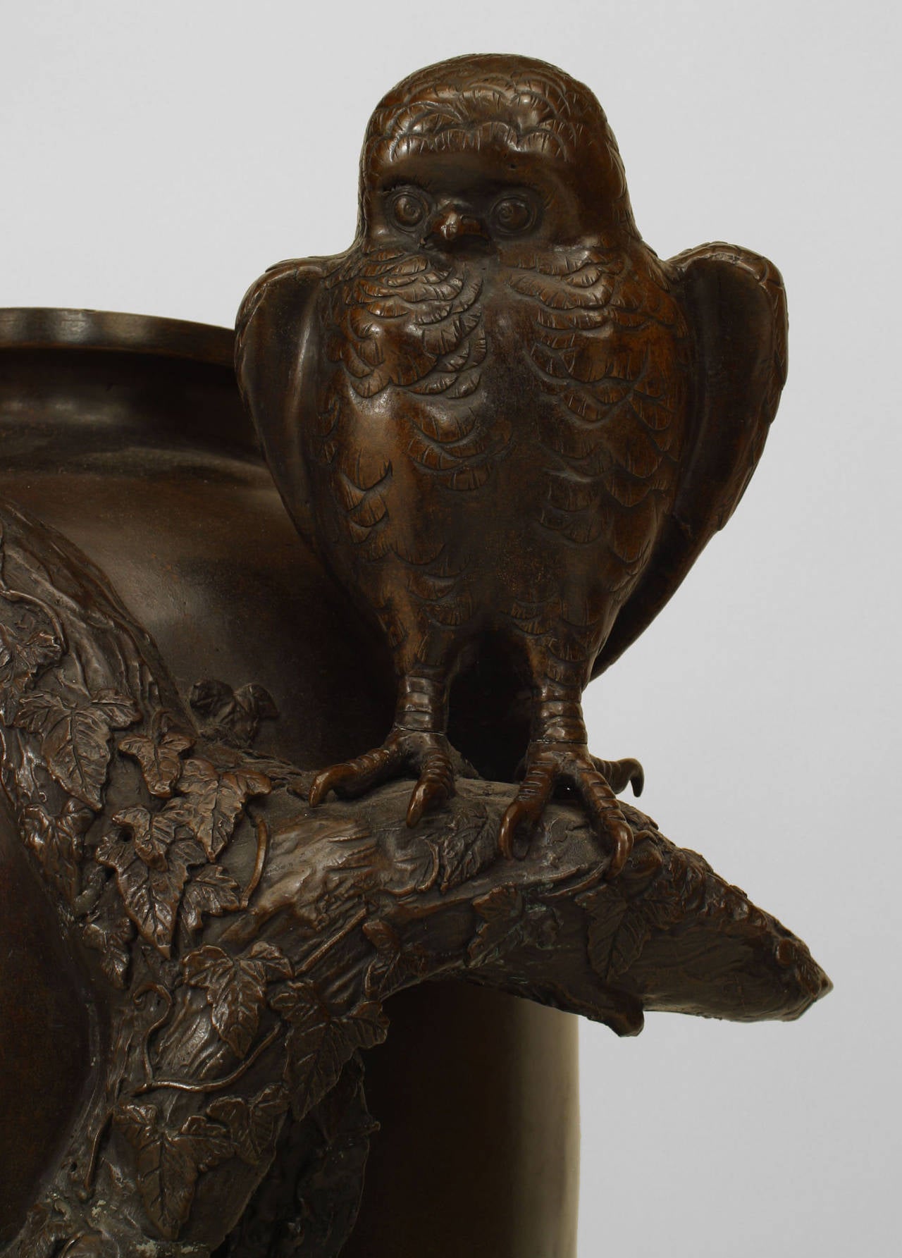 Japanese Bronze Floor Vase with Owl Figures For Sale 1