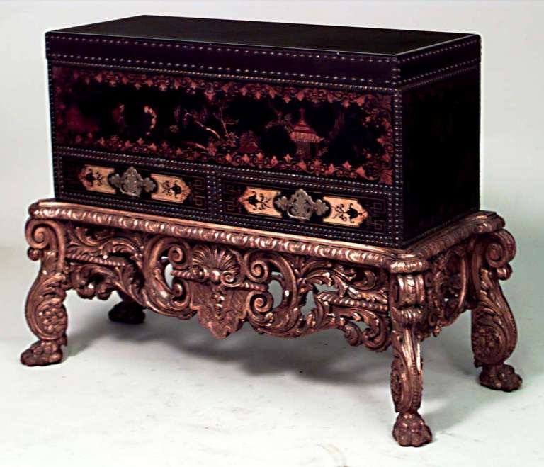 English Georgian style (19th Cent) black lacquered and gilt Chinoiserie design floor trunk with carved & filigree gilt base.
