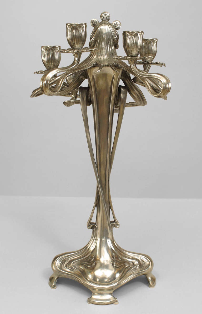 Pair of Art Nouveau Silvered Pewter Figural Candelabras In Excellent Condition For Sale In New York, NY