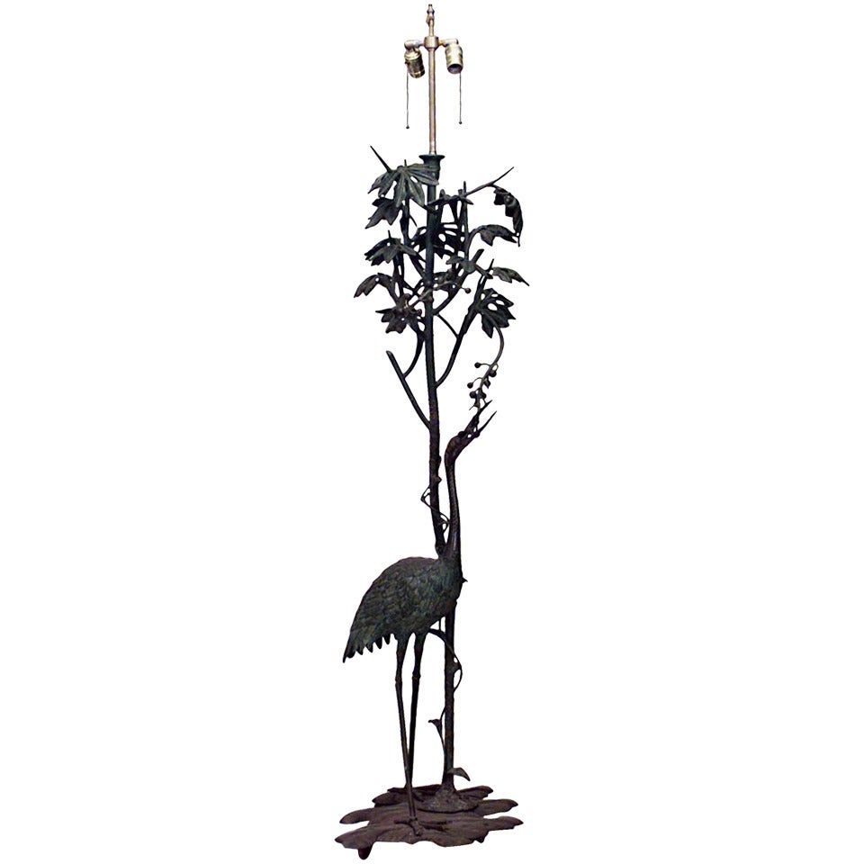 Lampada da terra in stile Art Nouveau francese con airone in bronzo
