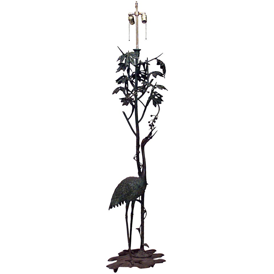 French Art Nouveau Bronze Heron Floor Lamp For Sale