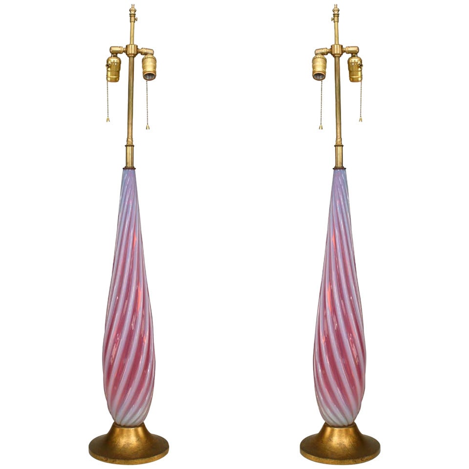 Pair of Italian Mid-Century Murano Pink Glass Table Lamps