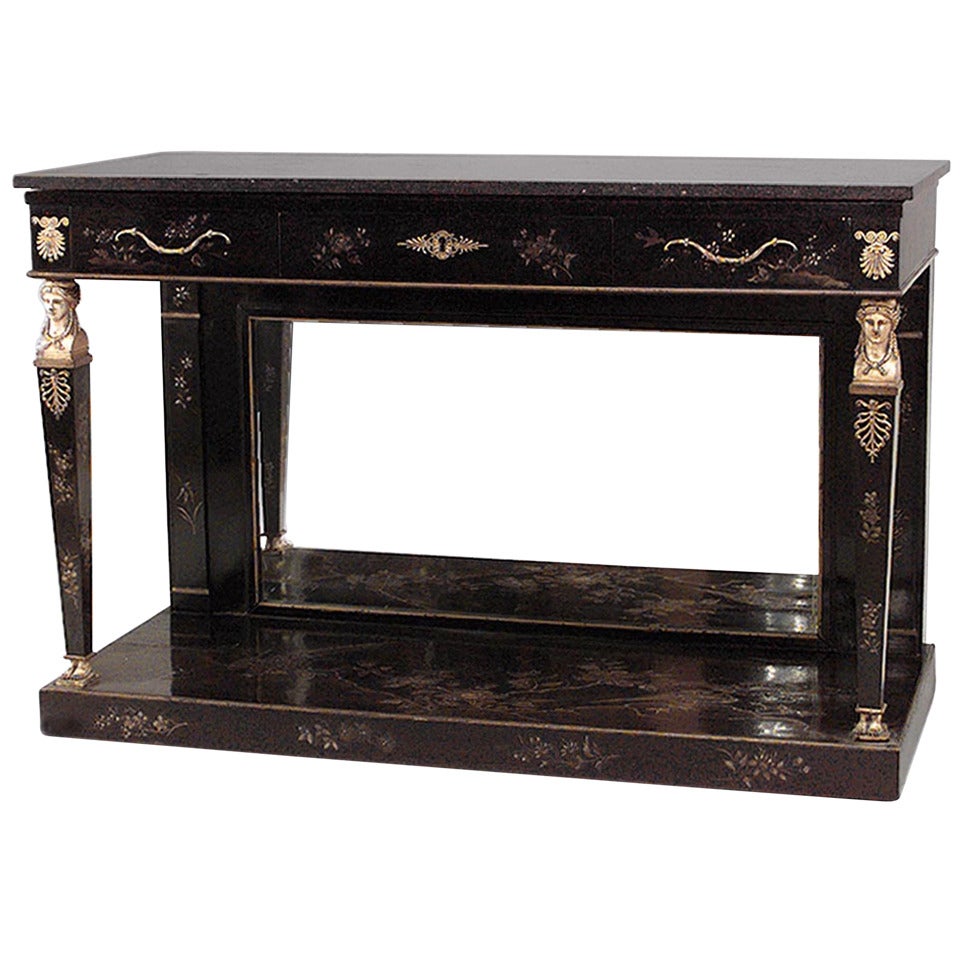 Continental Empire Black Lacquer Chinoiserie Console Table For Sale