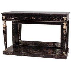 Antique Continental Empire Black Lacquer Chinoiserie Console Table