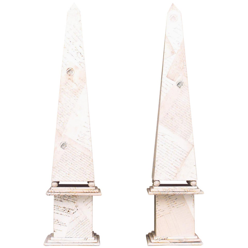 Pair of French White Parchment Veneered Obelisks