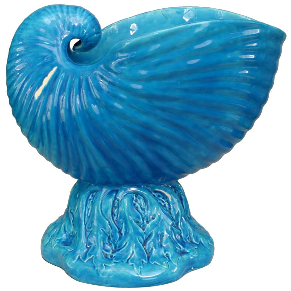 English Victorian Blue Majolica Nautilus Shell Pot For Sale