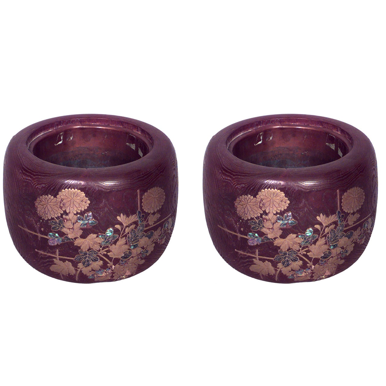 Pair of Japanese Lacquered Wood Inlaid Pots