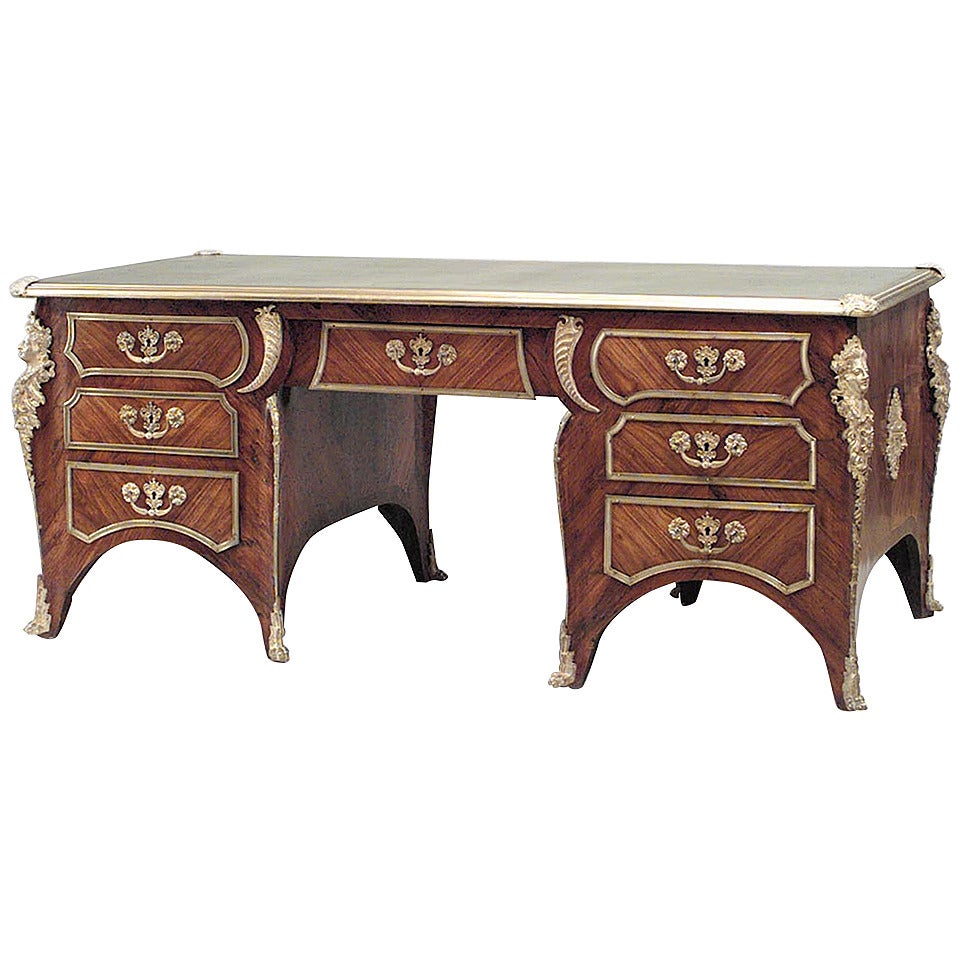 French Louis XV Style Kingwood and Green Leather Kneehole Desk For Sale