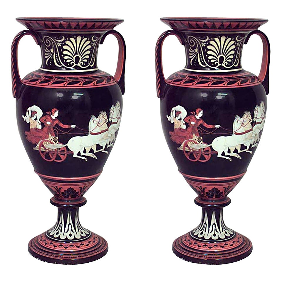 Pair of Grecian Style Black and Orange Porcelain Vases For Sale