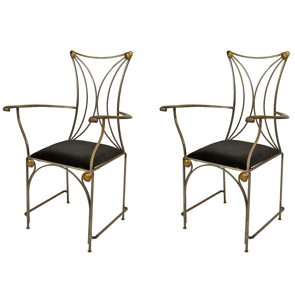 2 French Art Deco Style Brass-Trimmed Steel Armchairs from Cartier Model