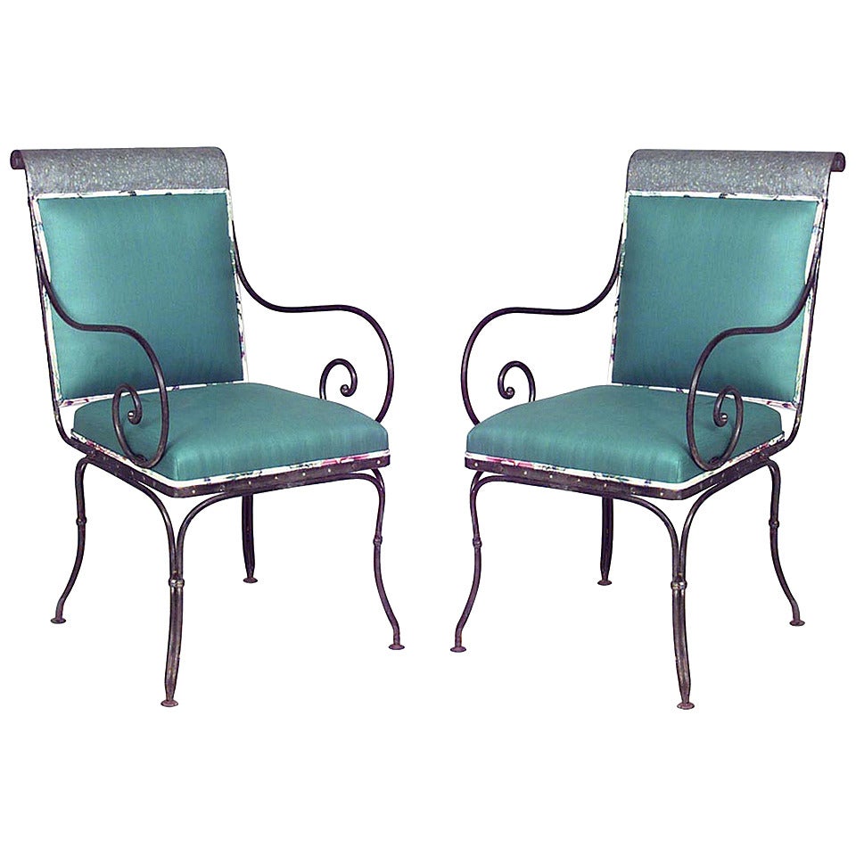Pair of 20th c. French Upholstered Steel Outdoor Armchairs
