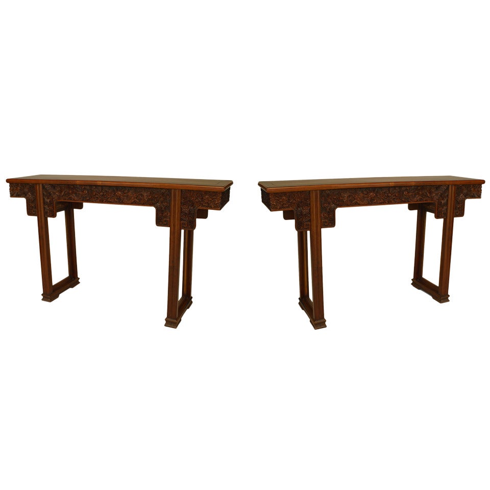 Pair of Chinese Hardwood Console Tables For Sale