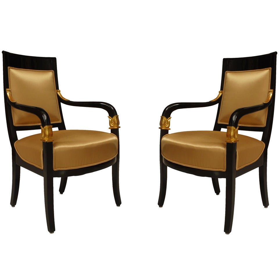 Pair of Austrian Biedermeier Ebonized Upholstered Armchairs