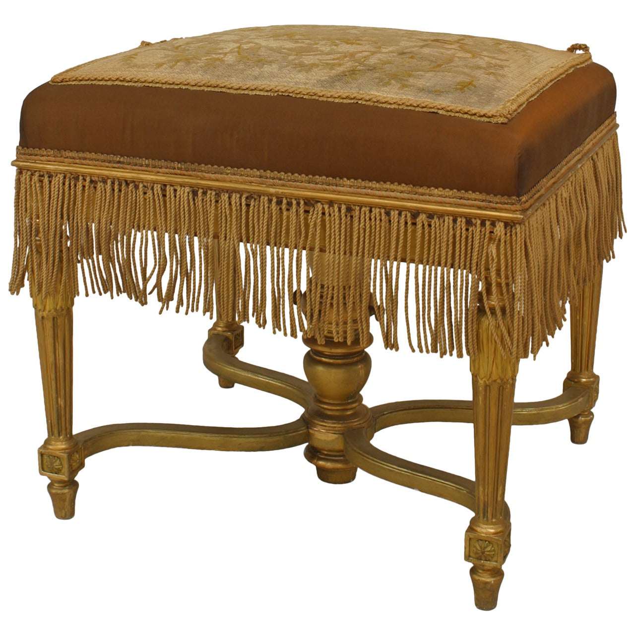 French Louis XVI Style Embroidered Bench with Fringe Trim