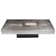 1970s Belgian Quartz-Inset Textured Aluminum Coffee Table by Marc D'Haenens