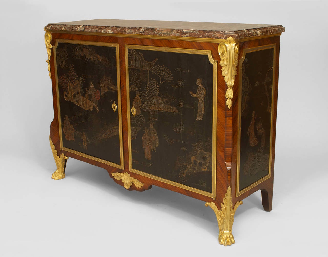 French Louis XVI style (19th Century) transitional style gilt bronze-mounted tulipwood marble top commode with 2 Chinese coromandel lacquer side panels & 2 front doors. (signed: DECOUR)
