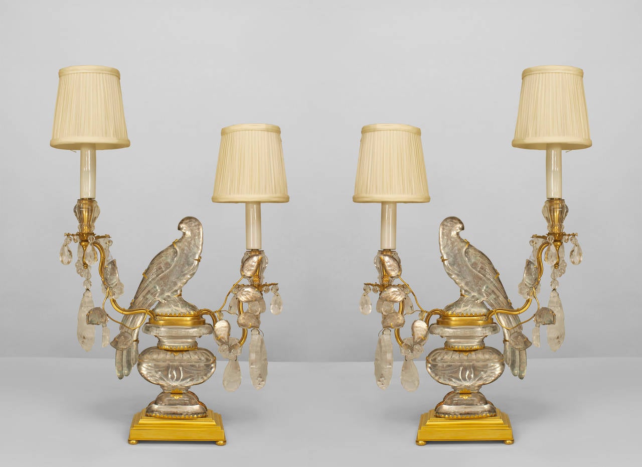 Pair of French bronze dore 2 arm candelabra (table lamps) with crystal bird and floral design with rock crystal trim on rectangular base