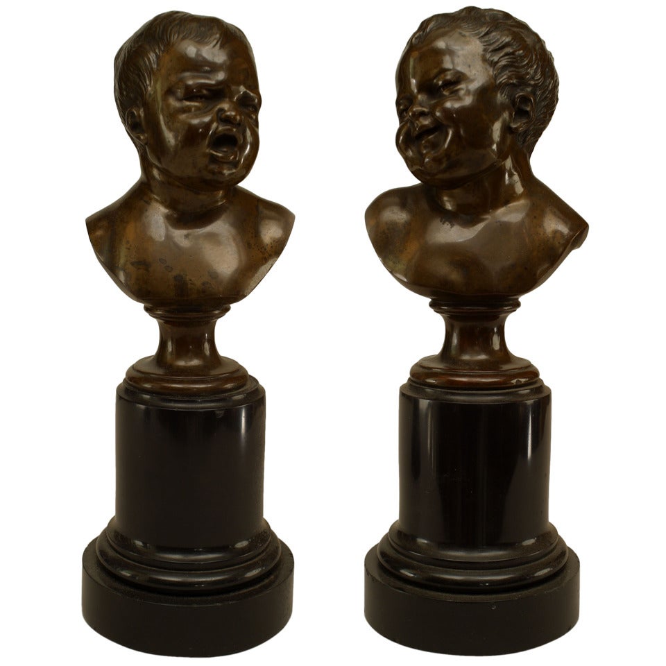 Pair of Victorian Bronze Busts of Crying Babies For Sale