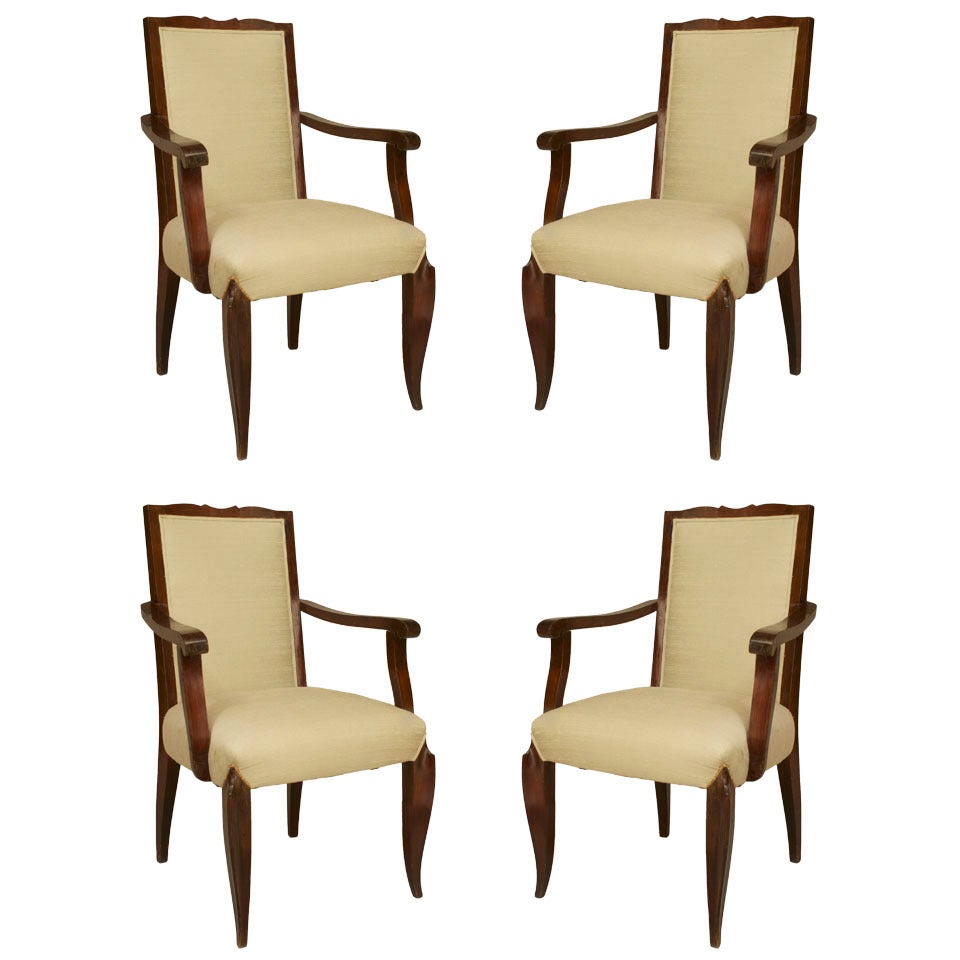 Set of 4 French Art Deco Cream and Mahogany Arm Chairs For Sale