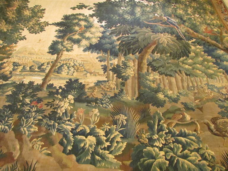 Extremely rare and unique oversize french tapestry. depicting a wooded landscape with various birds.