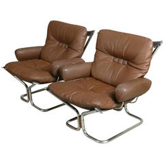 Pair of Westnofa Leather & Chrome Lounge Chairs designed by Ingmar Relling