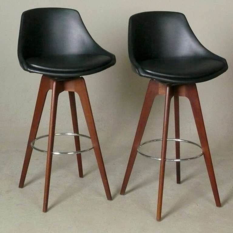 Pair of Walnut Bar Stools with Chrome Foot Rest Designed by John Yellen In Excellent Condition In Atlanta, GA