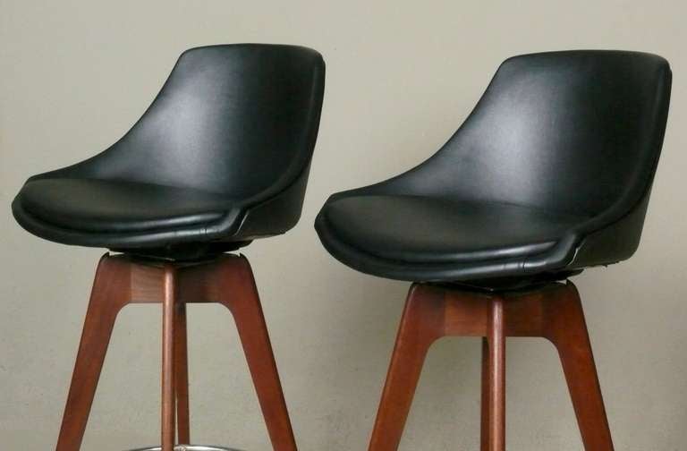 Pair of Walnut Bar Stools with Chrome Foot Rest Designed by John Yellen 3