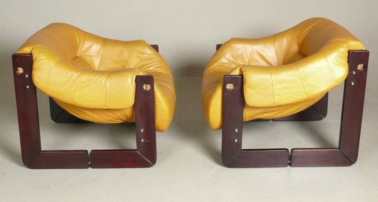 Brazilian Pair of Leather and Rosewood Lounge Chairs by Percival Lafer